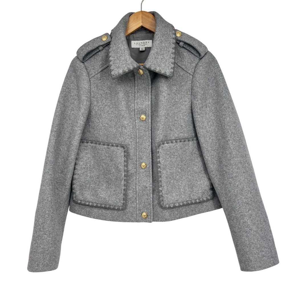 Laundry by Shelli‎ Segal Gray Cropped Wool Blend Jacket Gold Crest Buttons Small